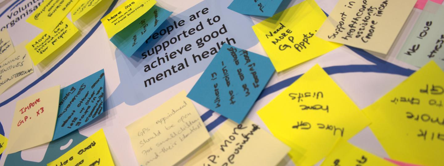 A table filled with post-it notes containing feedback